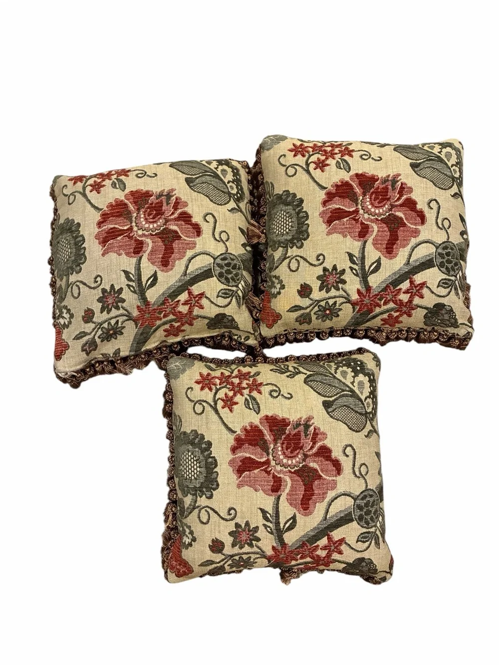 Set of 3 22” Square Floral Tapestry Throw Pillows Muted Colors Tassels Classic